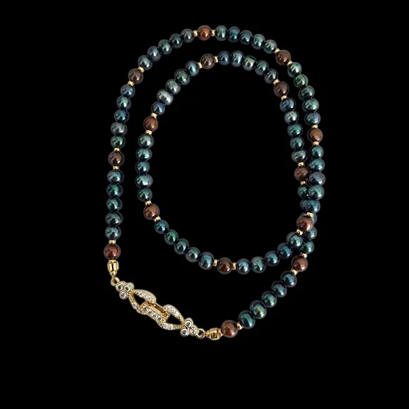 Vintage pearl necklace gold filigree clasp blue brown baby pearls A0215 -Q5 -Q2 - Picture 5 of 16